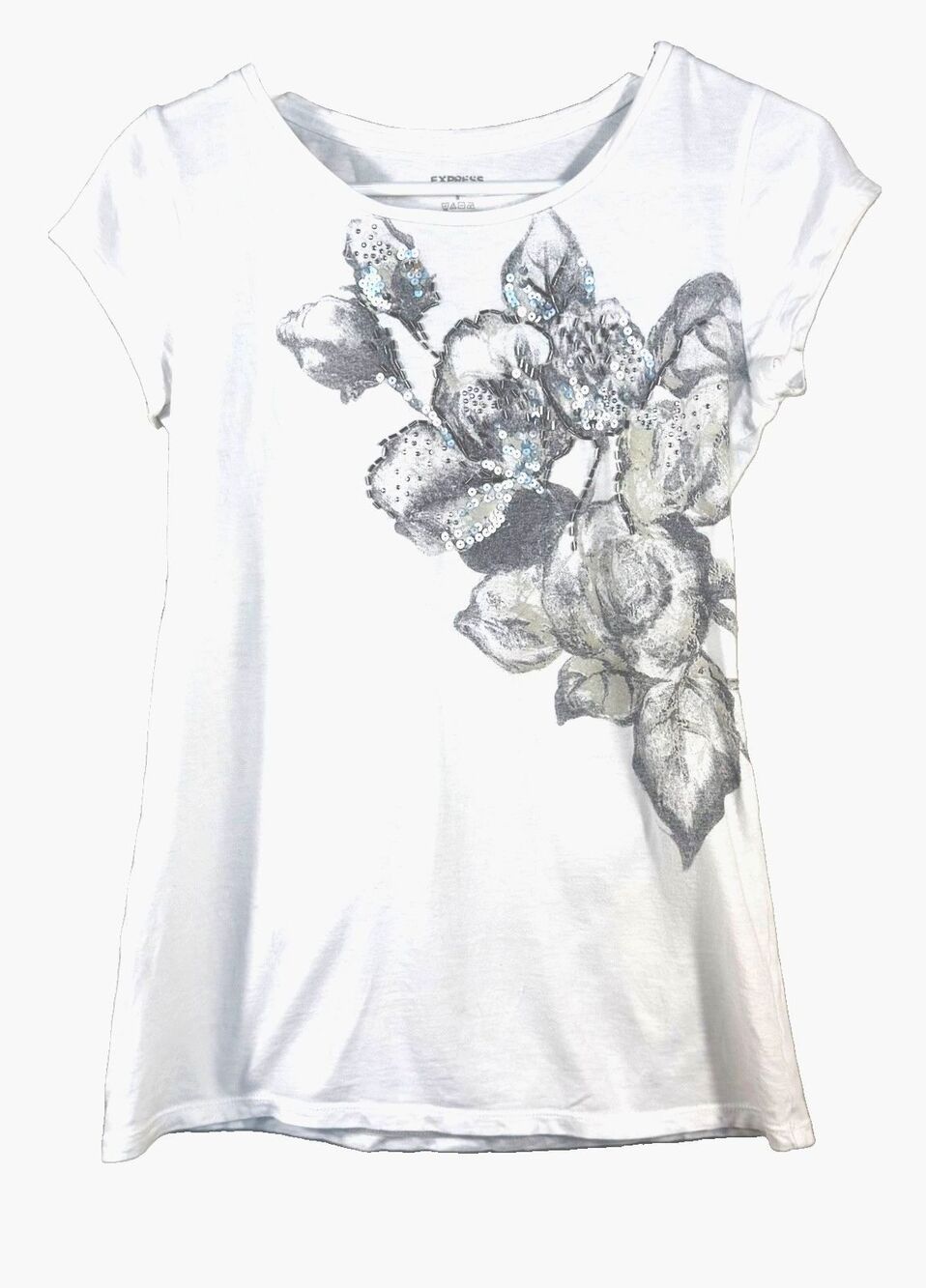 Express Womens Small White Floral Rose Graphic T Shirt Sequin Beaded Y2K